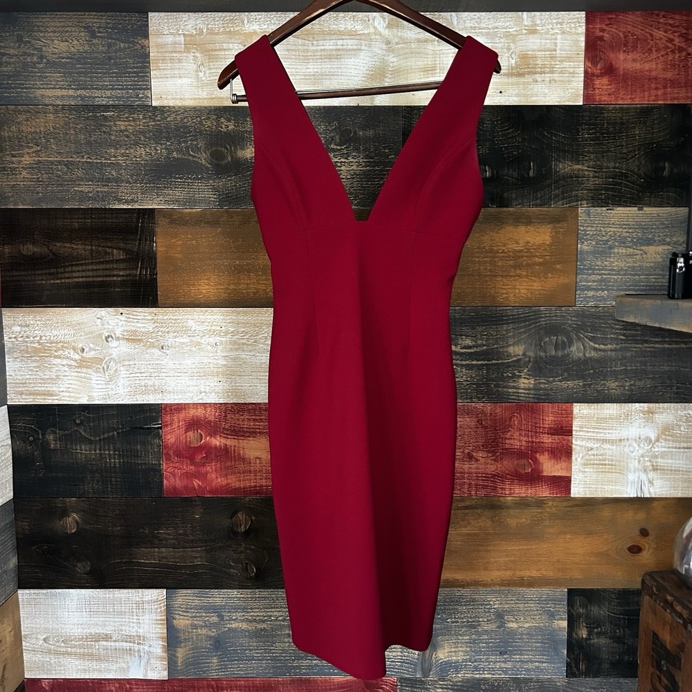 Alice Olivia Esmra Fitted V Neck Dress Bergundy Size 2 Women Midi Formal